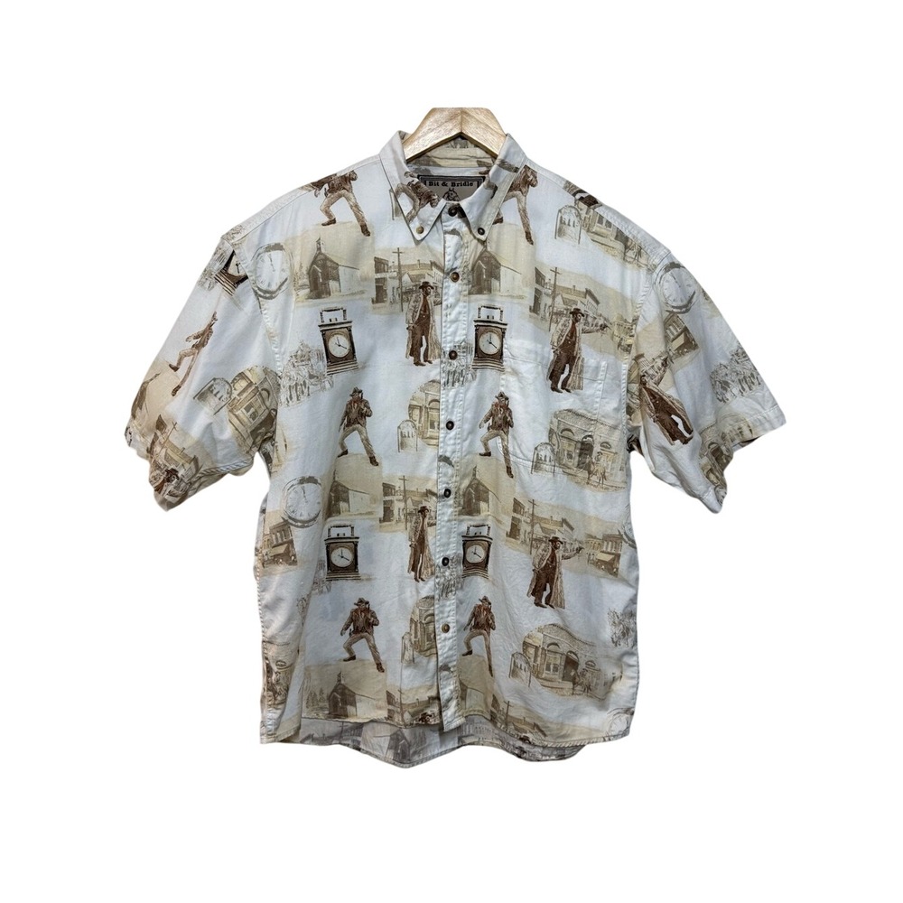 Bit & Bridle Western Cowboy Town Scene Print Shirt Mens Large Button Up Rodeo